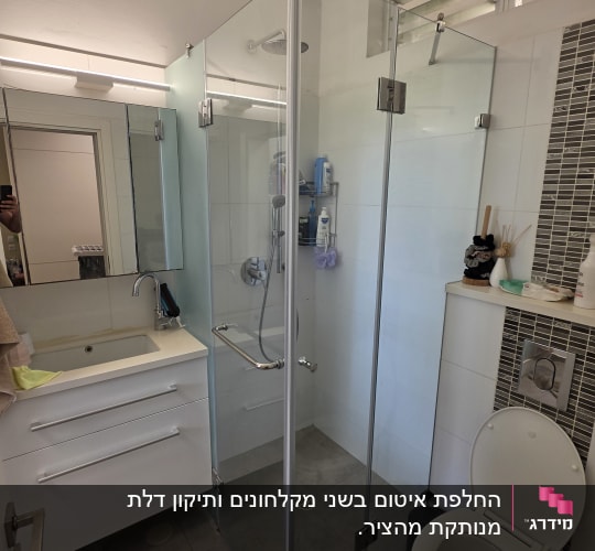 חדר אמבטיה עם מקלחון זכוכית, כיור ואסלה